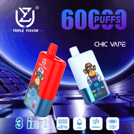 The UZY Triple Flavor 60000 Puffs Vape features 3-in-1 flavors, 54mL e-liquid, triple mesh coil, 850mAh battery, smart LED display, and 0%/2%/3%/5%nicotine, delivering a customizable and long-lasting vape.