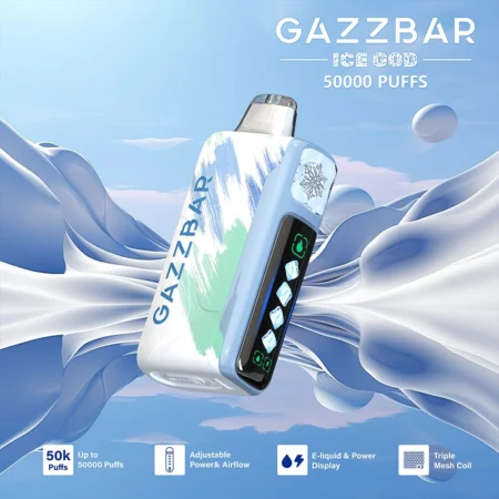 Gazzbar Ice God 50000 puffs vape delivers up to 50,000 puffs with 5% nicotine, triple mesh coil, adjustable ice, airflow, and power. Features LED display, Type-C charging, and 20 unique flavors.