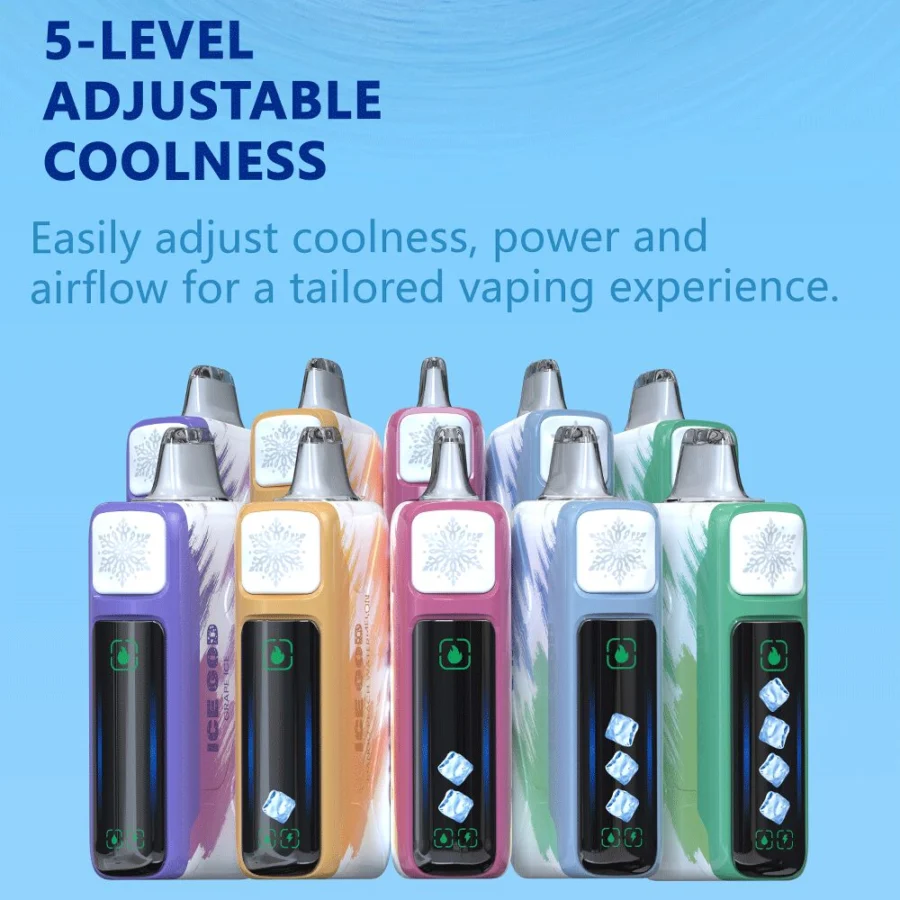 Gazzbar Ice God 50000 puffs vape delivers up to 50,000 puffs with 5% nicotine, triple mesh coil, adjustable ice, airflow, and power. Features LED display, Type-C charging, and 20 unique flavors.