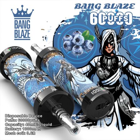Bang Blaze 60000 Puffs DTL Vape offers 0%,2%,3%,5% nicotine, 40ml capacity, 1000mAh battery, mesh coil, and LED display. Enjoy rich flavors, big clouds, and long-lasting performance in 10 flavors, packed 8 pcs/box.
