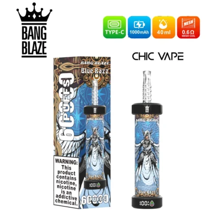 Bang Blaze 60000 Puffs DTL Vape offers 0%,2%,3%,5% nicotine, 40ml capacity, 1000mAh battery, mesh coil, and LED display. Enjoy rich flavors, big clouds, and long-lasting performance in 10 flavors, packed 8 pcs/box.