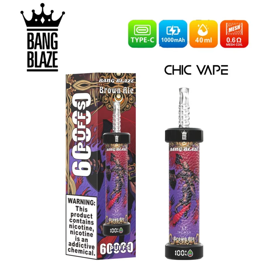 Bang Blaze 60000 Puffs DTL Vape offers 0%,2%,3%,5% nicotine, 40ml capacity, 1000mAh battery, mesh coil, and LED display. Enjoy rich flavors, big clouds, and long-lasting performance in 10 flavors, packed 8 pcs/box.