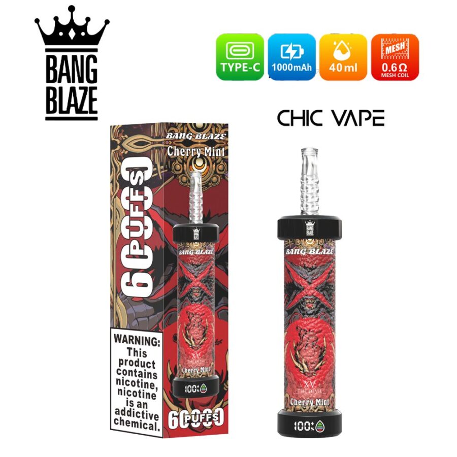 Bang Blaze 60000 Puffs DTL Vape offers 0%,2%,3%,5% nicotine, 40ml capacity, 1000mAh battery, mesh coil, and LED display. Enjoy rich flavors, big clouds, and long-lasting performance in 10 flavors, packed 8 pcs/box.