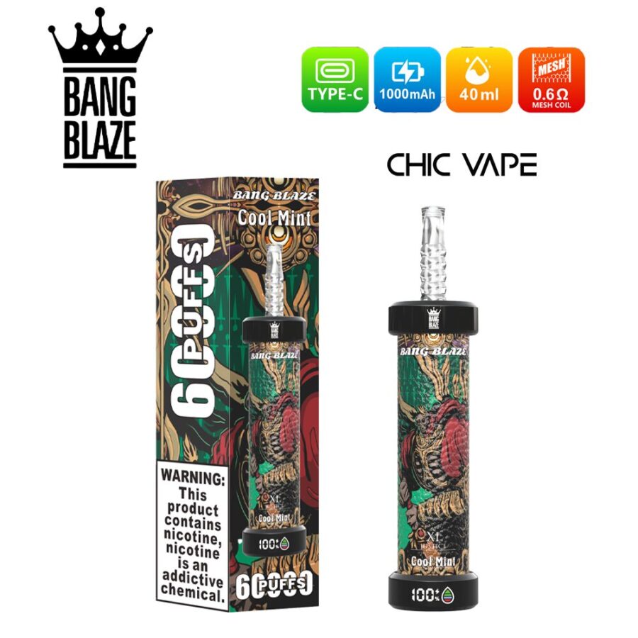Bang Blaze 60000 Puffs DTL Vape offers 0%,2%,3%,5% nicotine, 40ml capacity, 1000mAh battery, mesh coil, and LED display. Enjoy rich flavors, big clouds, and long-lasting performance in 10 flavors, packed 8 pcs/box.