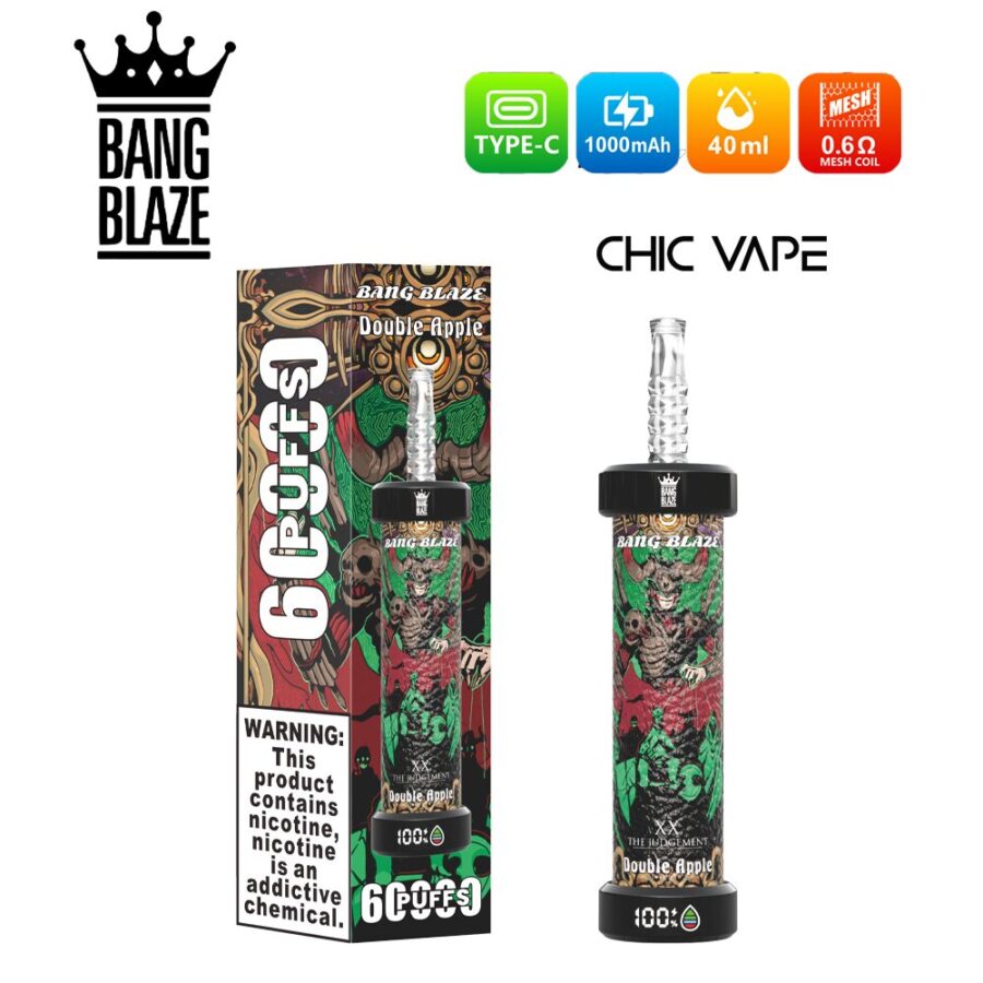 Bang Blaze 60000 Puffs DTL Vape offers 0%,2%,3%,5% nicotine, 40ml capacity, 1000mAh battery, mesh coil, and LED display. Enjoy rich flavors, big clouds, and long-lasting performance in 10 flavors, packed 8 pcs/box.