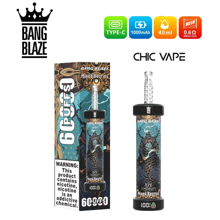 Bang Blaze 60000 Puffs DTL Vape offers 0%,2%,3%,5% nicotine, 40ml capacity, 1000mAh battery, mesh coil, and LED display. Enjoy rich flavors, big clouds, and long-lasting performance in 10 flavors, packed 8 pcs/box.