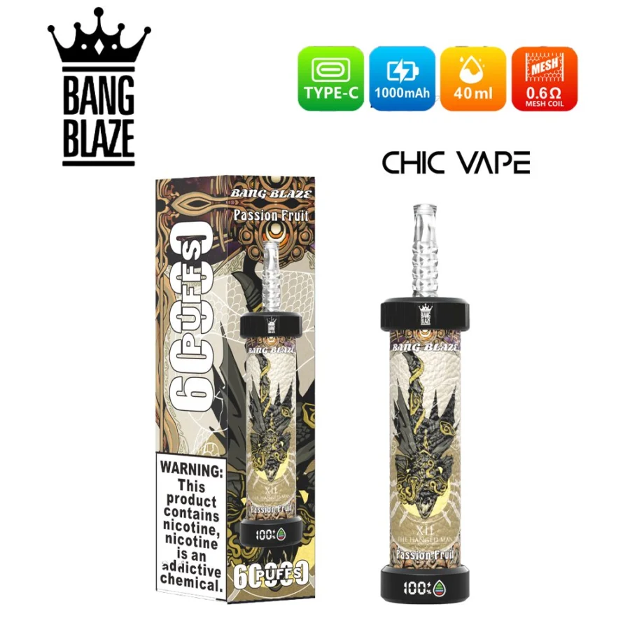 Bang Blaze 60000 Puffs DTL Vape offers 0%,2%,3%,5% nicotine, 40ml capacity, 1000mAh battery, mesh coil, and LED display. Enjoy rich flavors, big clouds, and long-lasting performance in 10 flavors, packed 8 pcs/box.