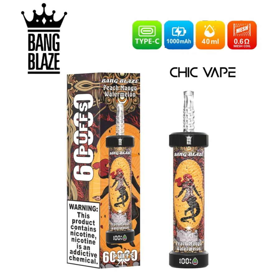 Bang Blaze 60000 Puffs DTL Vape offers 0%,2%,3%,5% nicotine, 40ml capacity, 1000mAh battery, mesh coil, and LED display. Enjoy rich flavors, big clouds, and long-lasting performance in 10 flavors, packed 8 pcs/box.