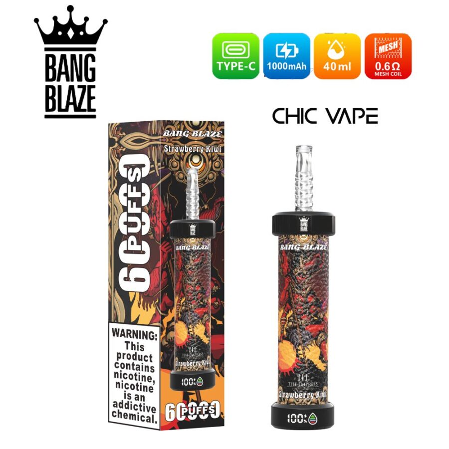 Bang Blaze 60000 Puffs DTL Vape offers 0%,2%,3%,5% nicotine, 40ml capacity, 1000mAh battery, mesh coil, and LED display. Enjoy rich flavors, big clouds, and long-lasting performance in 10 flavors, packed 8 pcs/box.