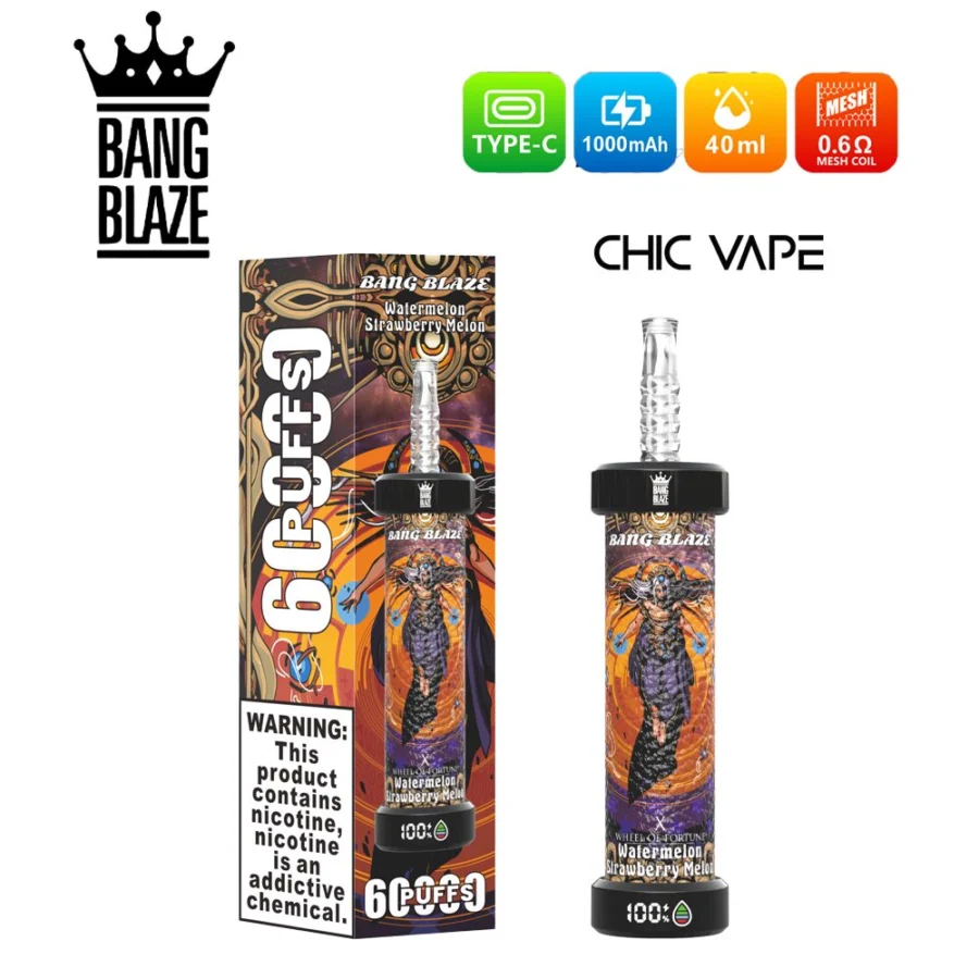 Bang Blaze 60000 Puffs DTL Vape offers 0%,2%,3%,5% nicotine, 40ml capacity, 1000mAh battery, mesh coil, and LED display. Enjoy rich flavors, big clouds, and long-lasting performance in 10 flavors, packed 8 pcs/box.