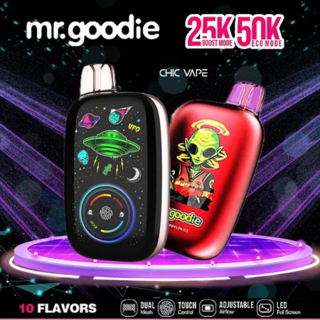 Il vaporizzatore Mr.Goodie Dual Mode King 50000 Puffs offre due modalità, controllo touch, batteria da 1000 mAh, capacità di 40 ml, doppia bobina a rete e 10 ricchi aromi: perfetto per uno svapo fluido, potente e personalizzabile sempre e ovunque.
