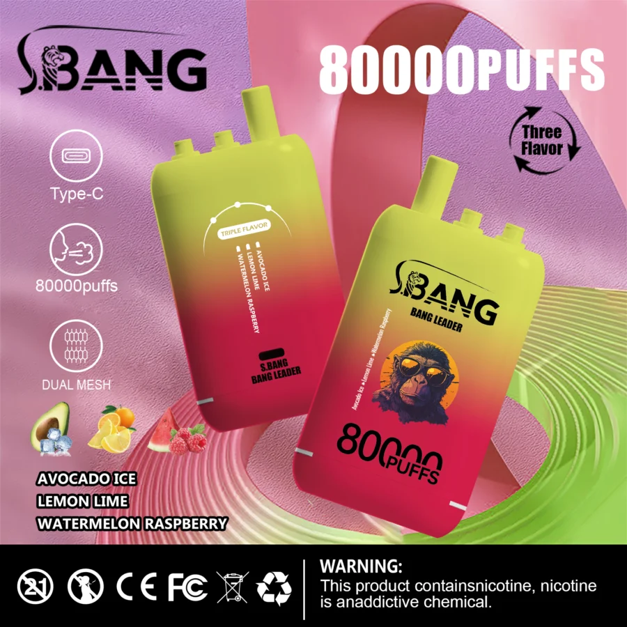 Bang Leader 80K Puffs Vape offre tre gusti intercambiabili, fino a 80.000 tiri, doppia bobina a rete, ricarica Type-C e 12 opzioni di gusto: perfetto per sessioni di svapo durature e saporite.