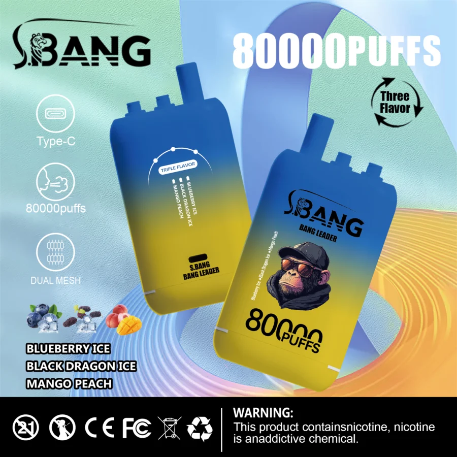 Bang Leader 80K Puffs Vape offre tre gusti intercambiabili, fino a 80.000 tiri, doppia bobina a rete, ricarica Type-C e 12 opzioni di gusto: perfetto per sessioni di svapo durature e saporite.