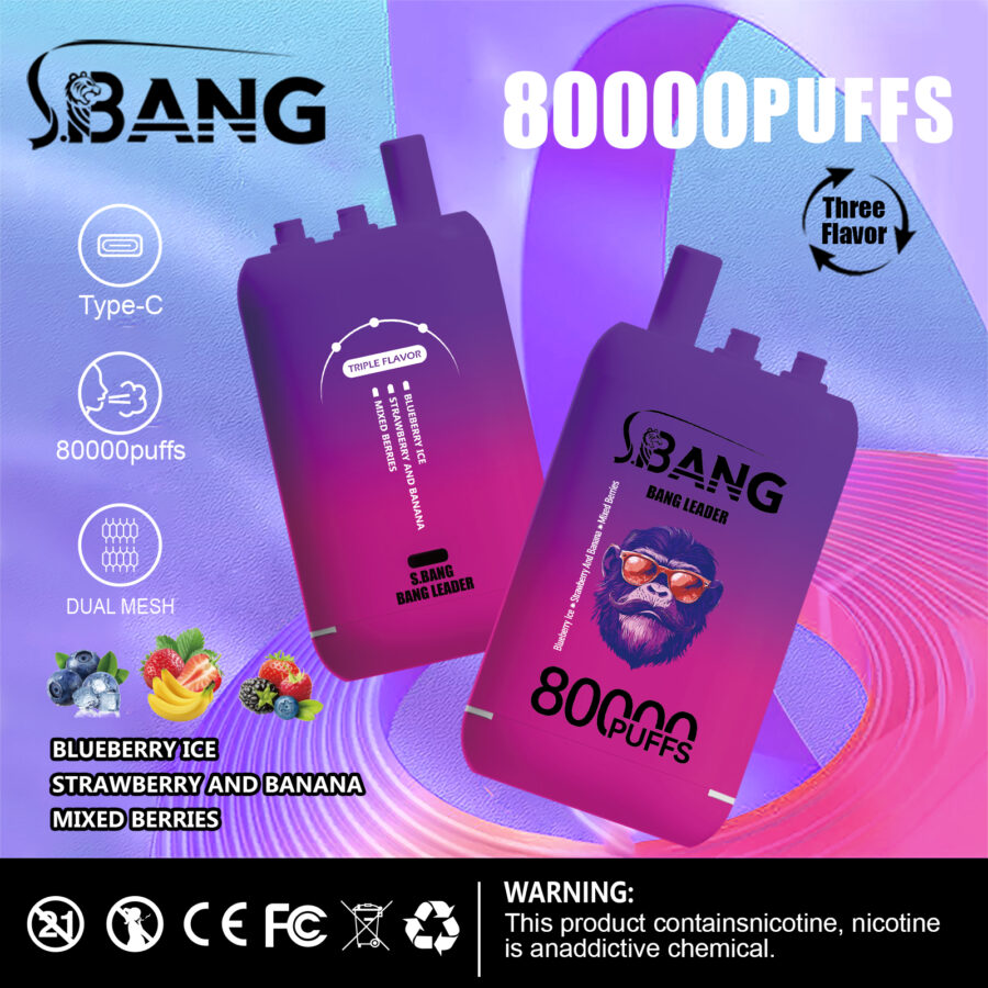 Bang Leader 80K Puffs Vape offre tre gusti intercambiabili, fino a 80.000 tiri, doppia bobina a rete, ricarica Type-C e 12 opzioni di gusto: perfetto per sessioni di svapo durature e saporite.