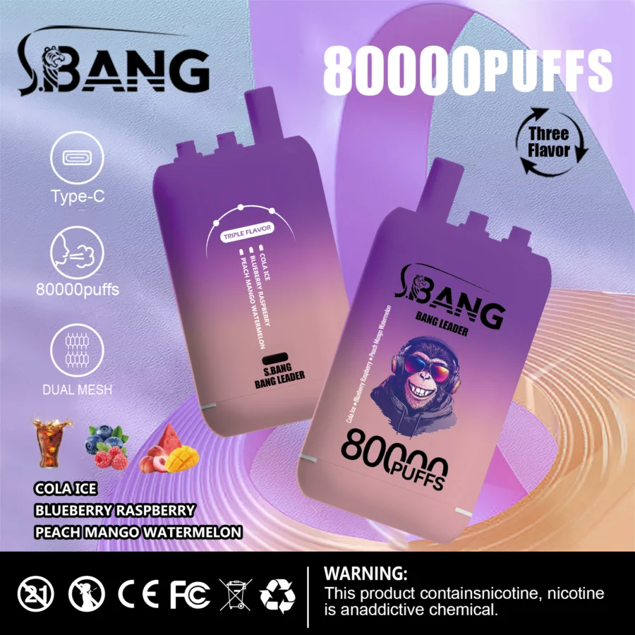 Bang Leader 80K Puffs Vape offre tre gusti intercambiabili, fino a 80.000 tiri, doppia bobina a rete, ricarica Type-C e 12 opzioni di gusto: perfetto per sessioni di svapo durature e saporite.