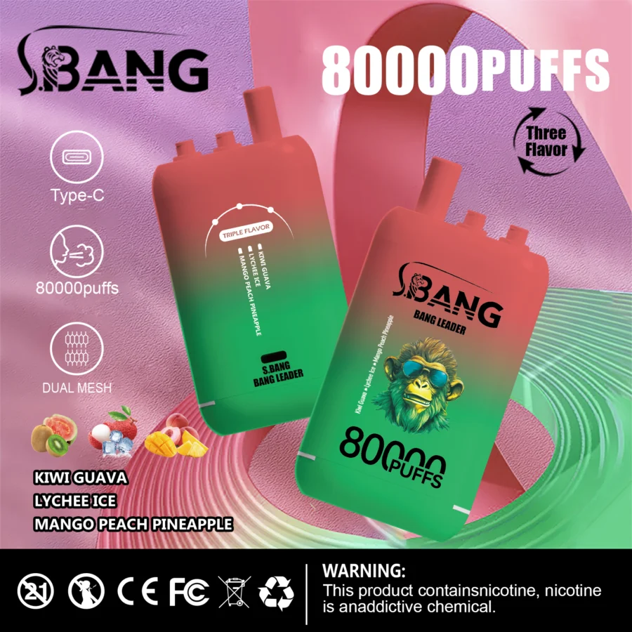 Bang Leader 80K Puffs Vape offre tre gusti intercambiabili, fino a 80.000 tiri, doppia bobina a rete, ricarica Type-C e 12 opzioni di gusto: perfetto per sessioni di svapo durature e saporite.