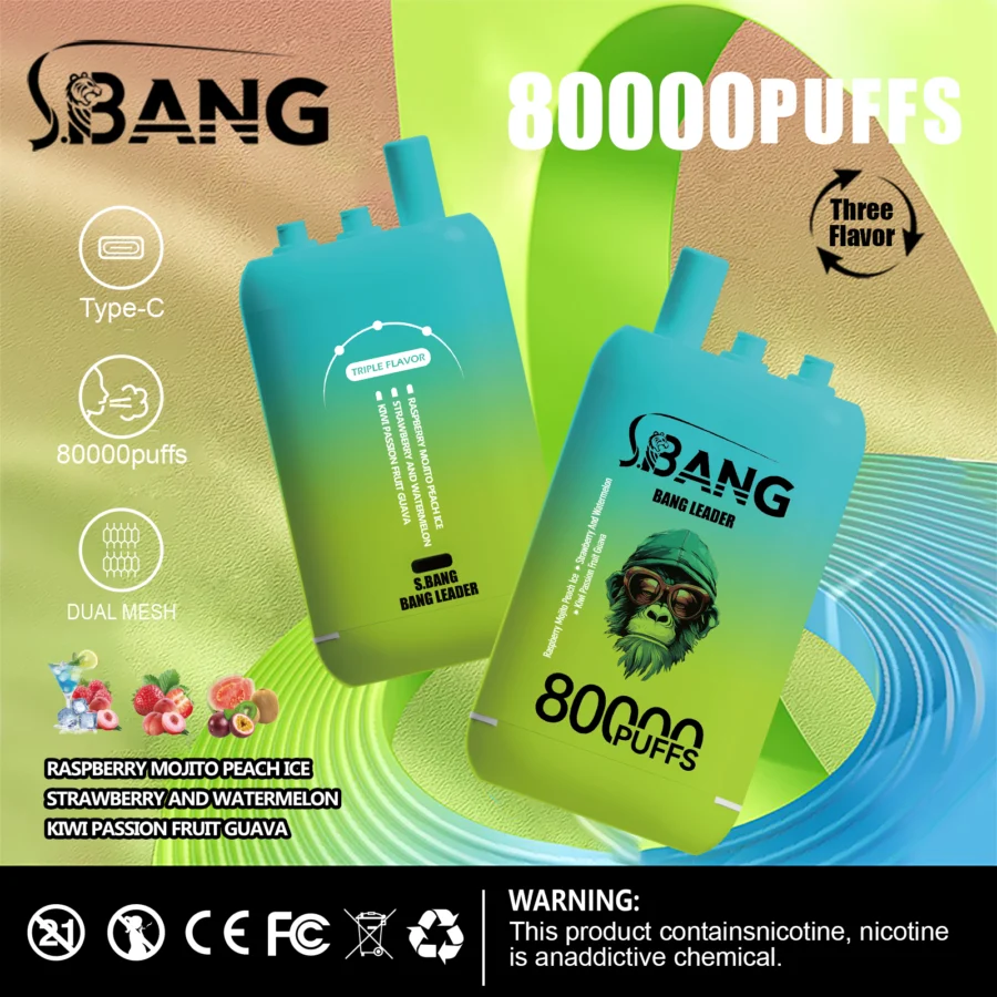 Bang Leader 80K Puffs Vape offre tre gusti intercambiabili, fino a 80.000 tiri, doppia bobina a rete, ricarica Type-C e 12 opzioni di gusto: perfetto per sessioni di svapo durature e saporite.