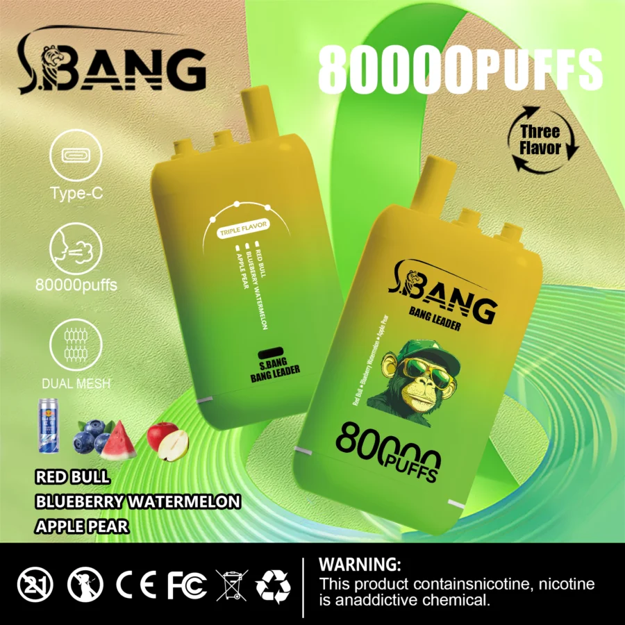 Bang Leader 80K Puffs Vape offre tre gusti intercambiabili, fino a 80.000 tiri, doppia bobina a rete, ricarica Type-C e 12 opzioni di gusto: perfetto per sessioni di svapo durature e saporite.