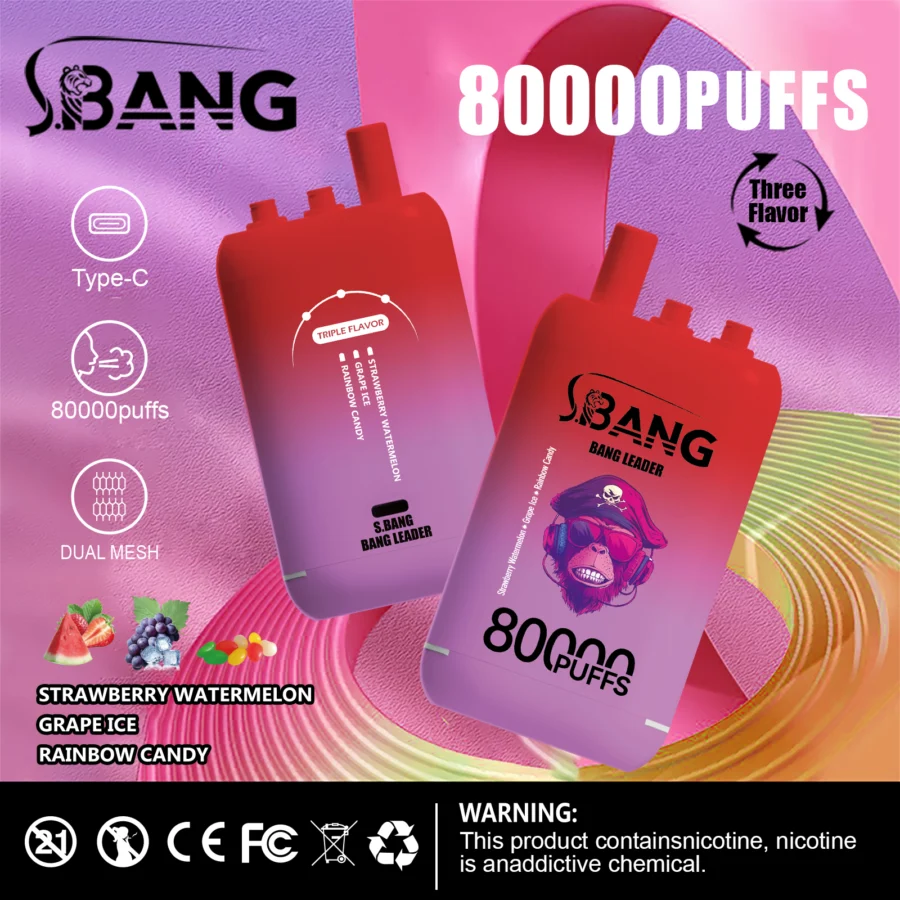 Bang Leader 80K Puffs Vape offre tre gusti intercambiabili, fino a 80.000 tiri, doppia bobina a rete, ricarica Type-C e 12 opzioni di gusto: perfetto per sessioni di svapo durature e saporite.