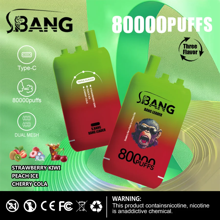 Bang Leader 80K Puffs Vape offre tre gusti intercambiabili, fino a 80.000 tiri, doppia bobina a rete, ricarica Type-C e 12 opzioni di gusto: perfetto per sessioni di svapo durature e saporite.