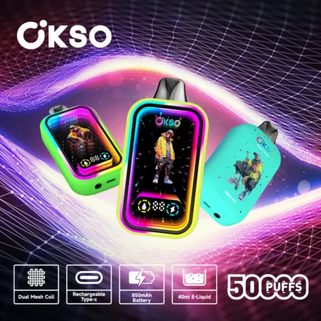The OKSO Magic Mirror 50K puffs Vape offers 50,000 puffs, dual mesh coil, RGB lights, LED screen, child lock, and 10 flavors in a stylish, rechargeable design with Type-C charging.