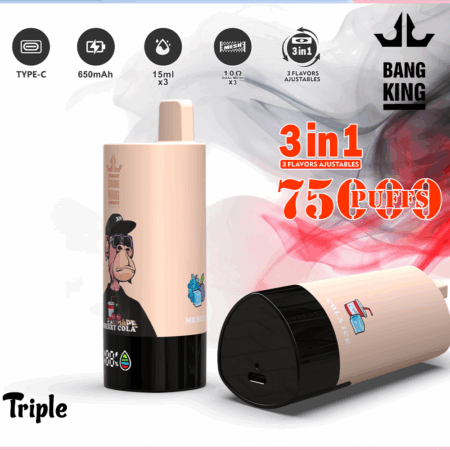 The Bang King Triple 75K Puffs Vape features 3 adjustable flavors, a 45mL capacity, and a triple mesh coil. With 4 nicotine levels, LED display, and Type-C charging, it offers long-lasting, flavorful, and customizable vaping.