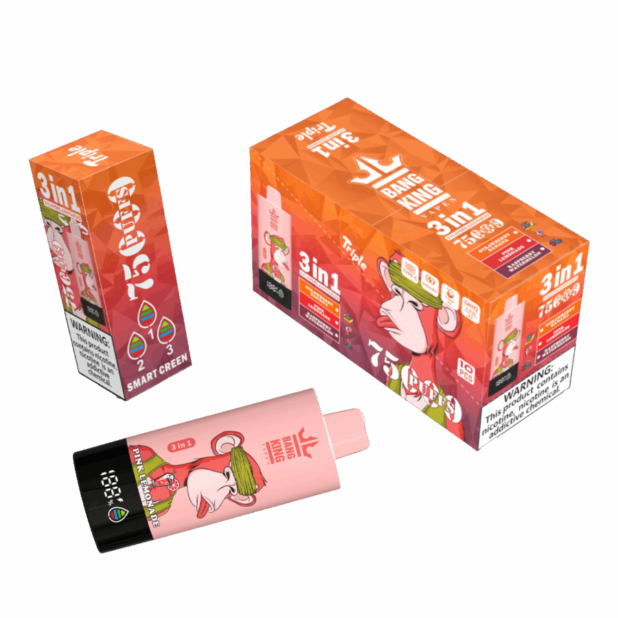 Il Bang King Triple 75K Puffs è dotato di 3 aromi regolabili, una capacità di 45 ml e una tripla resistenza a mesh. Con 4 livelli di nicotina, display a LED e ricarica Type-C, offre uno svapo duraturo, saporito e personalizzabile.