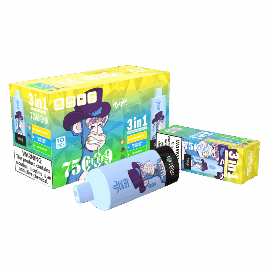 Il Bang King Triple 75K Puffs è dotato di 3 aromi regolabili, una capacità di 45 ml e una tripla resistenza a mesh. Con 4 livelli di nicotina, display a LED e ricarica Type-C, offre uno svapo duraturo, saporito e personalizzabile.