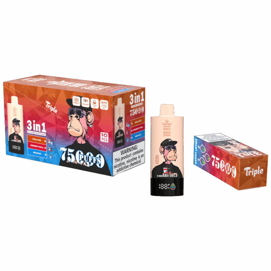 Il Bang King Triple 75K Puffs è dotato di 3 aromi regolabili, una capacità di 45 ml e una tripla resistenza a mesh. Con 4 livelli di nicotina, display a LED e ricarica Type-C, offre uno svapo duraturo, saporito e personalizzabile.