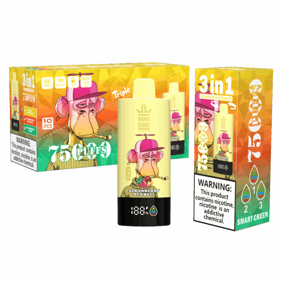 Il Bang King Triple 75K Puffs è dotato di 3 aromi regolabili, una capacità di 45 ml e una tripla resistenza a mesh. Con 4 livelli di nicotina, display a LED e ricarica Type-C, offre uno svapo duraturo, saporito e personalizzabile.