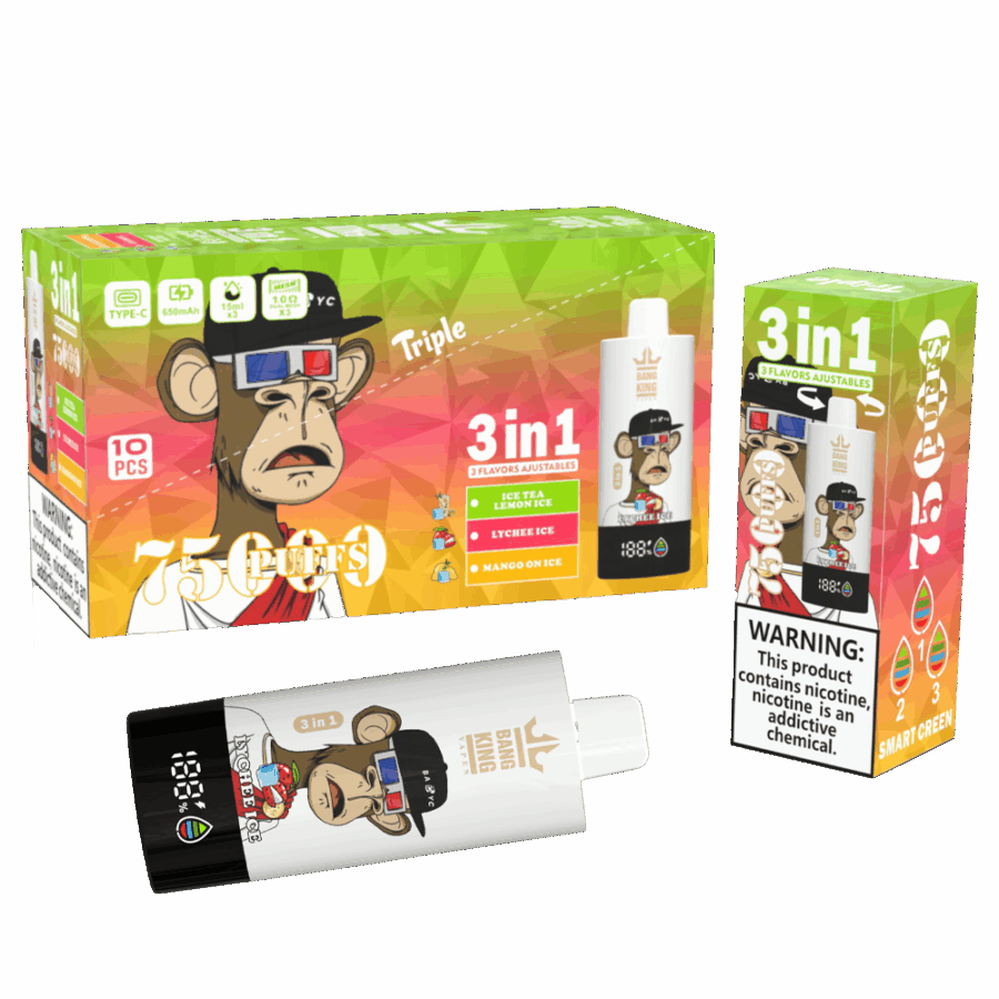 Il Bang King Triple 75K Puffs è dotato di 3 aromi regolabili, una capacità di 45 ml e una tripla resistenza a mesh. Con 4 livelli di nicotina, display a LED e ricarica Type-C, offre uno svapo duraturo, saporito e personalizzabile.