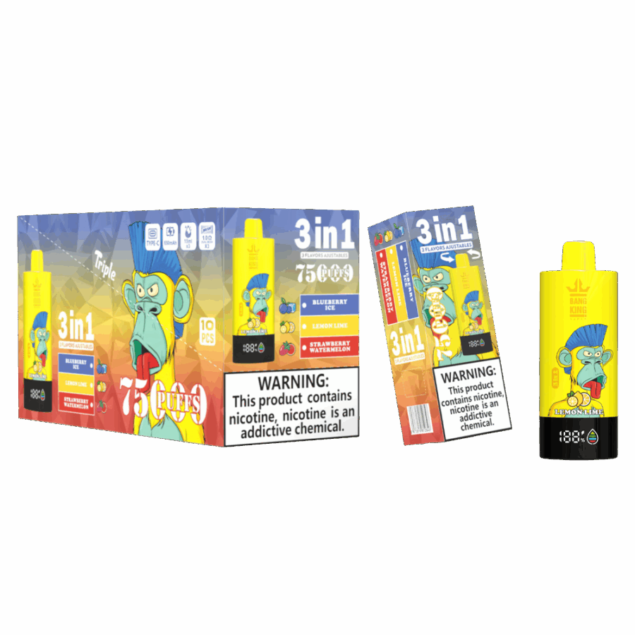 Il Bang King Triple 75K Puffs è dotato di 3 aromi regolabili, una capacità di 45 ml e una tripla resistenza a mesh. Con 4 livelli di nicotina, display a LED e ricarica Type-C, offre uno svapo duraturo, saporito e personalizzabile.