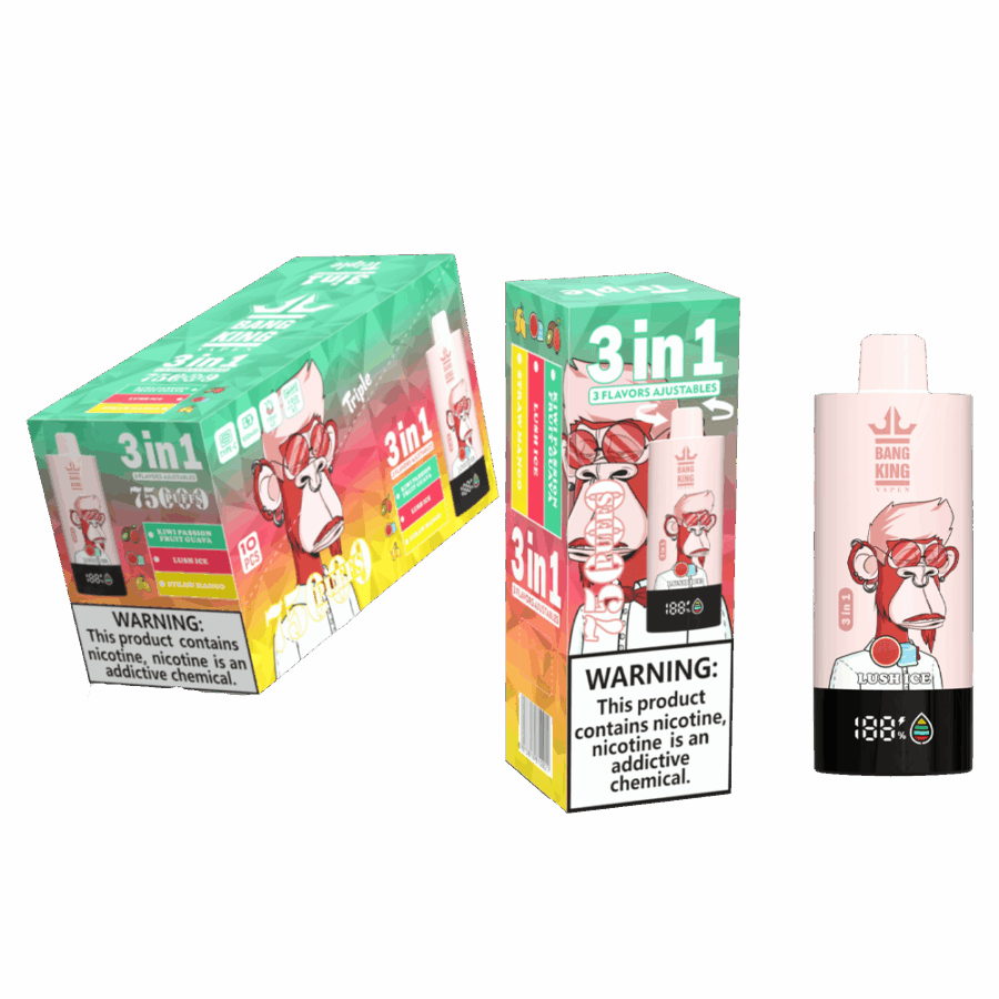 Il Bang King Triple 75K Puffs è dotato di 3 aromi regolabili, una capacità di 45 ml e una tripla resistenza a mesh. Con 4 livelli di nicotina, display a LED e ricarica Type-C, offre uno svapo duraturo, saporito e personalizzabile.