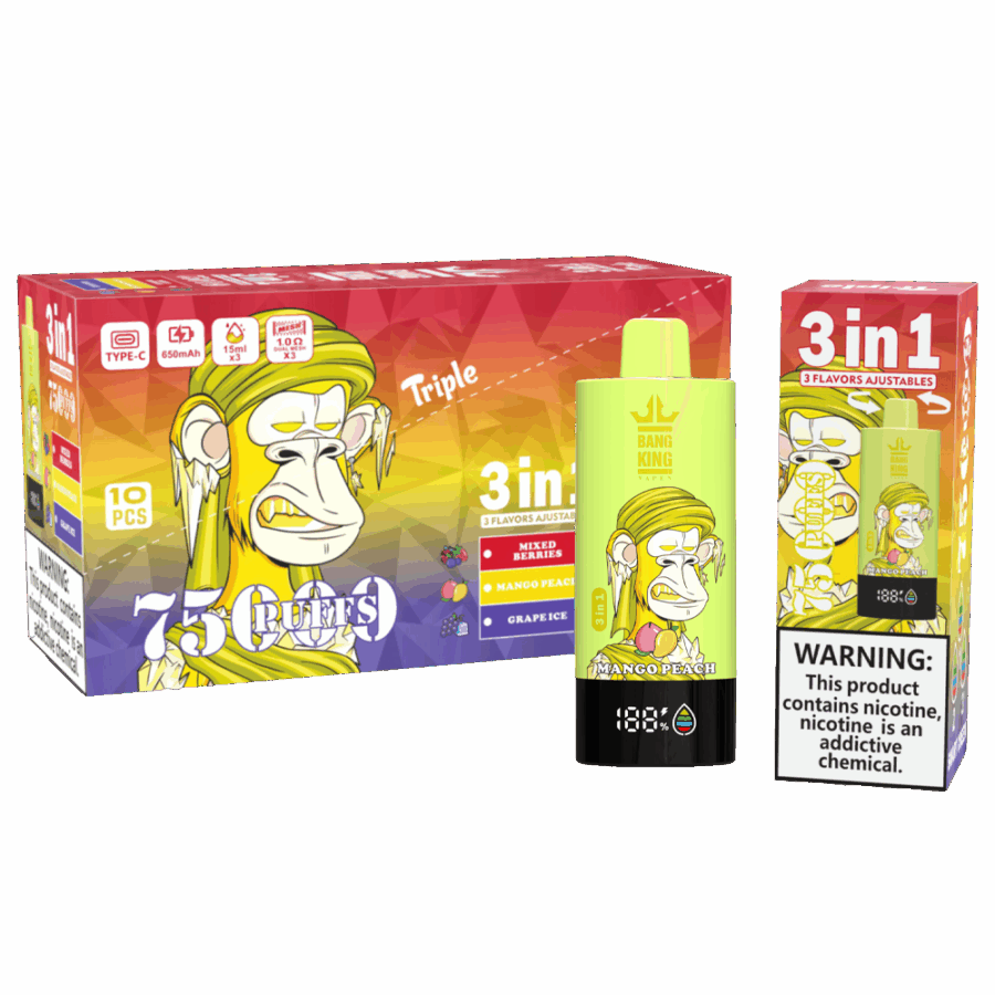 Il Bang King Triple 75K Puffs è dotato di 3 aromi regolabili, una capacità di 45 ml e una tripla resistenza a mesh. Con 4 livelli di nicotina, display a LED e ricarica Type-C, offre uno svapo duraturo, saporito e personalizzabile.