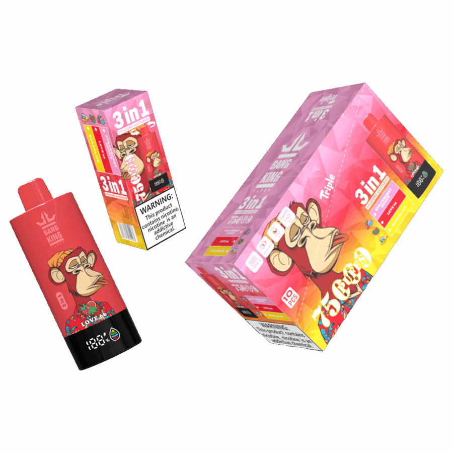Il Bang King Triple 75K Puffs è dotato di 3 aromi regolabili, una capacità di 45 ml e una tripla resistenza a mesh. Con 4 livelli di nicotina, display a LED e ricarica Type-C, offre uno svapo duraturo, saporito e personalizzabile.