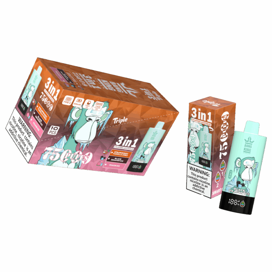 Il Bang King Triple 75K Puffs è dotato di 3 aromi regolabili, una capacità di 45 ml e una tripla resistenza a mesh. Con 4 livelli di nicotina, display a LED e ricarica Type-C, offre uno svapo duraturo, saporito e personalizzabile.