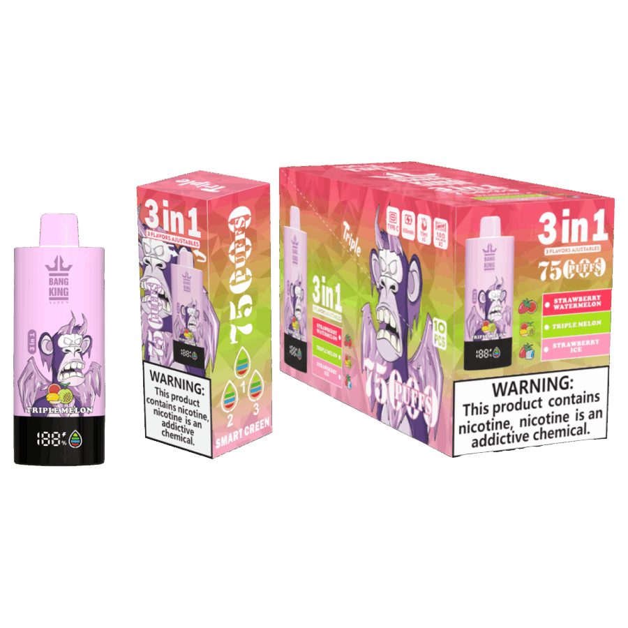 Il Bang King Triple 75K Puffs è dotato di 3 aromi regolabili, una capacità di 45 ml e una tripla resistenza a mesh. Con 4 livelli di nicotina, display a LED e ricarica Type-C, offre uno svapo duraturo, saporito e personalizzabile.