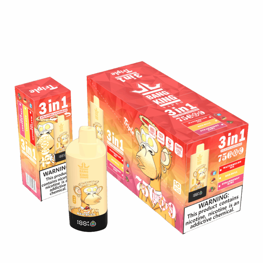 Il Bang King Triple 75K Puffs è dotato di 3 aromi regolabili, una capacità di 45 ml e una tripla resistenza a mesh. Con 4 livelli di nicotina, display a LED e ricarica Type-C, offre uno svapo duraturo, saporito e personalizzabile.