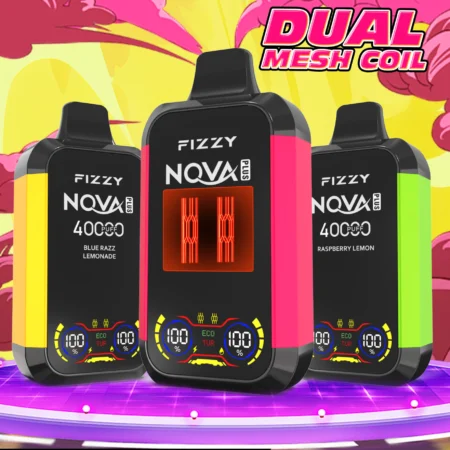 Fizzy Nova Plus 40000 Puffs Vape levererar upp till 40 000 puffs med 2% eller 5% nikotin, 40 ml e-vätska, dubbla mesh-coils, Eco/Turbo-lägen, LCD-skärm och Type-C-laddning – perfekt för kraftfull, långvarig och smakrik vaping.
