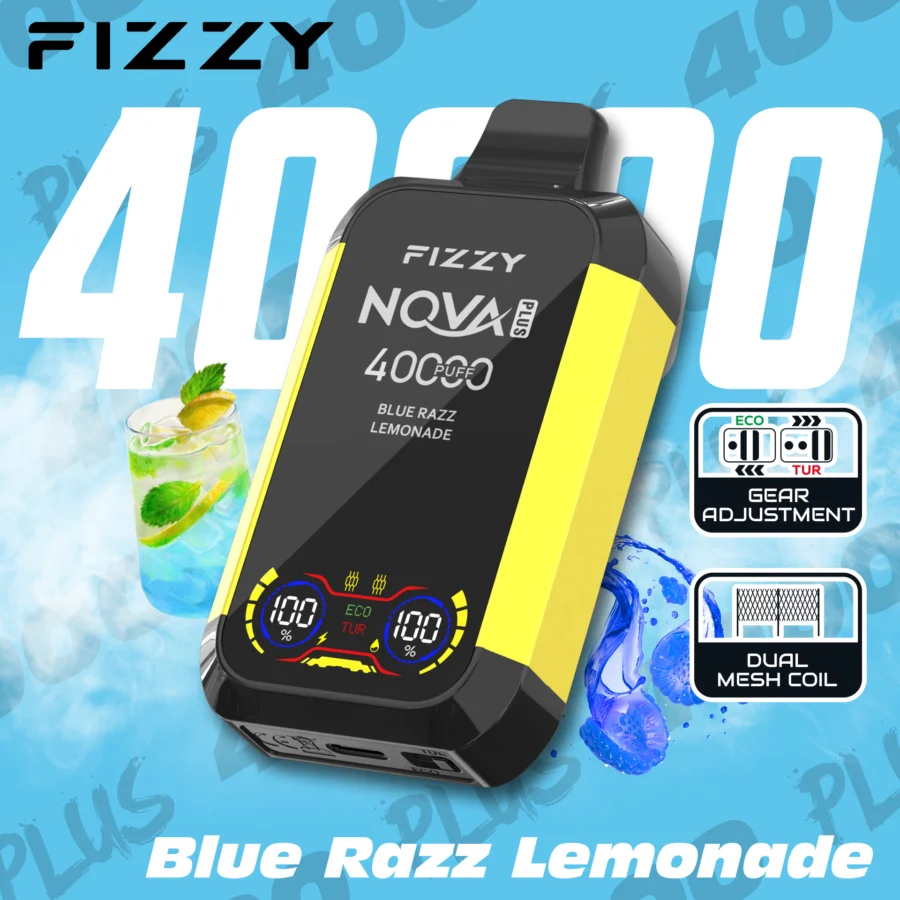 Fizzy Nova Plus 40000 Puffs Vape levererar upp till 40 000 puffs med 2% eller 5% nikotin, 40 ml e-vätska, dubbla mesh-coils, Eco/Turbo-lägen, LCD-skärm och Type-C-laddning – perfekt för kraftfull, långvarig och smakrik vaping.