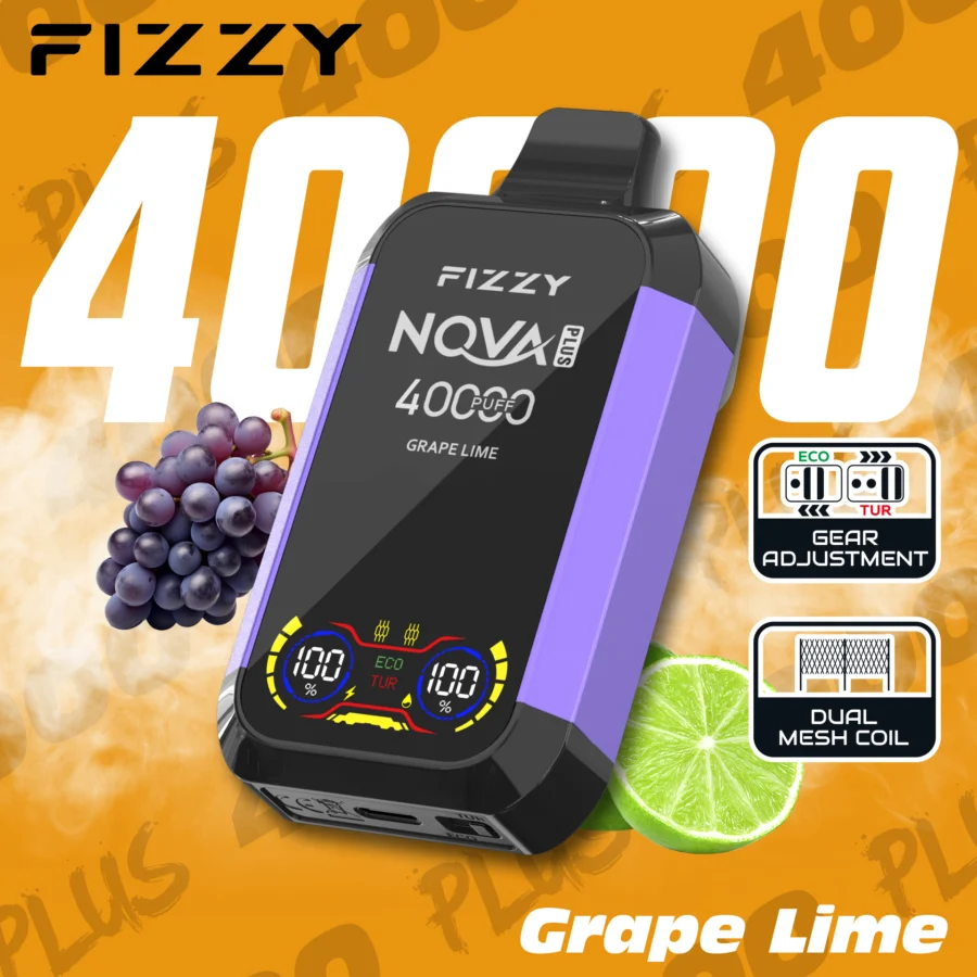 Fizzy Nova Plus 40000 Puffs Vape levererar upp till 40 000 puffs med 2% eller 5% nikotin, 40 ml e-vätska, dubbla mesh-coils, Eco/Turbo-lägen, LCD-skärm och Type-C-laddning – perfekt för kraftfull, långvarig och smakrik vaping.