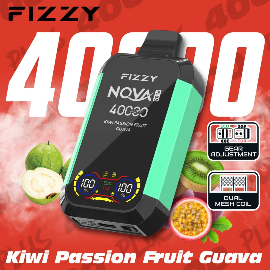 Fizzy Nova Plus 40000 Puffs Vape levererar upp till 40 000 puffs med 2% eller 5% nikotin, 40 ml e-vätska, dubbla mesh-coils, Eco/Turbo-lägen, LCD-skärm och Type-C-laddning – perfekt för kraftfull, långvarig och smakrik vaping.
