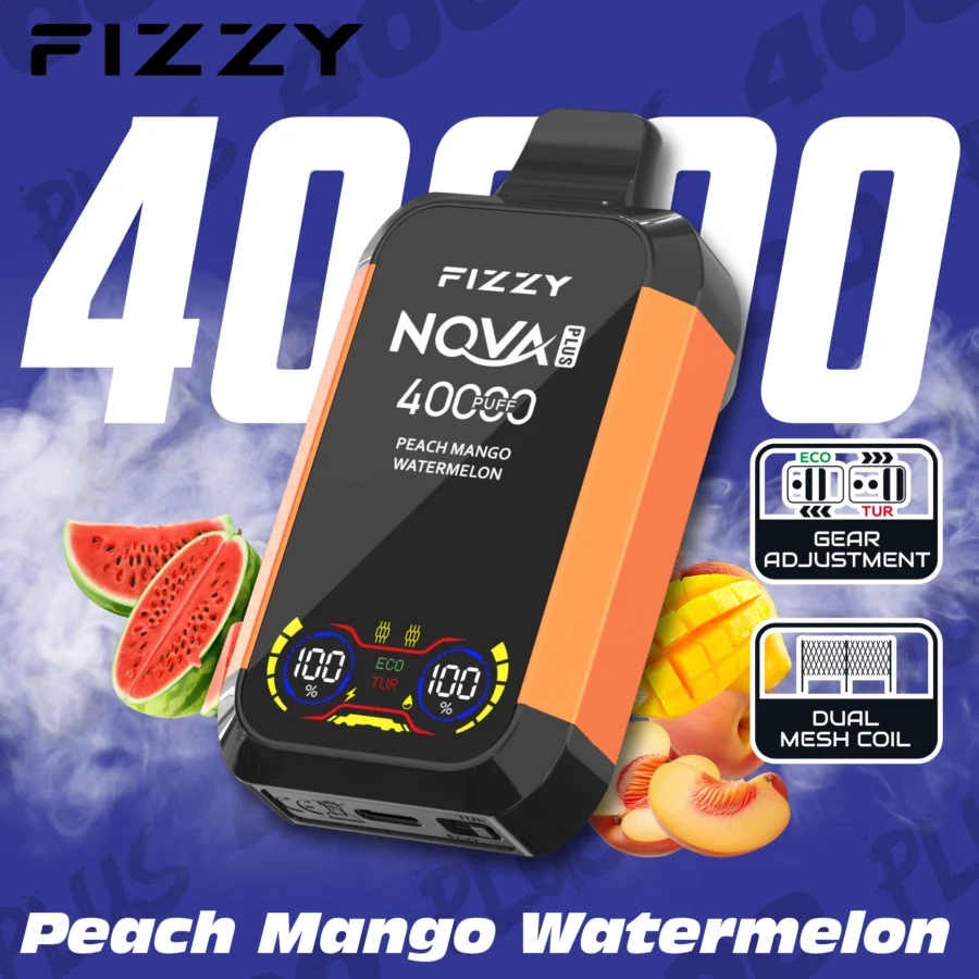 Fizzy Nova Plus 40000 Puffs Vape levererar upp till 40 000 puffs med 2% eller 5% nikotin, 40 ml e-vätska, dubbla mesh-coils, Eco/Turbo-lägen, LCD-skärm och Type-C-laddning – perfekt för kraftfull, långvarig och smakrik vaping.