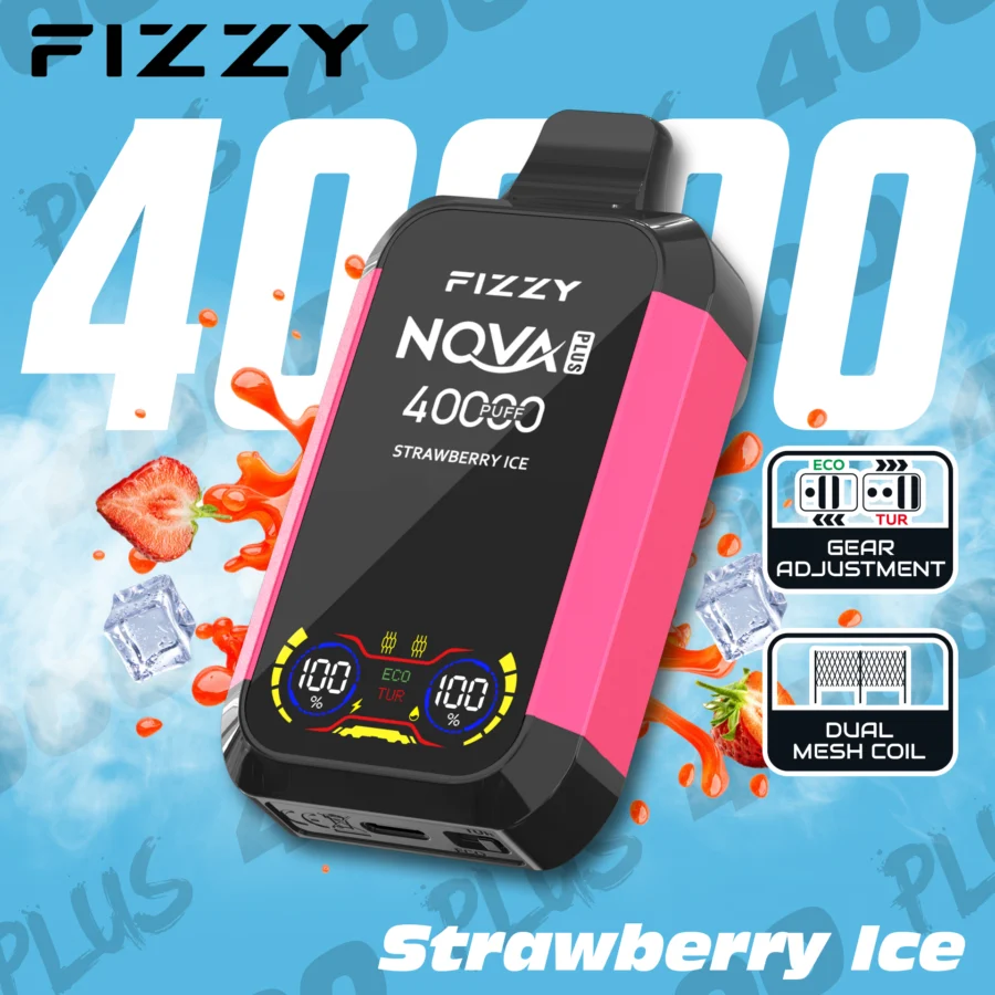 Fizzy Nova Plus 40000 Puffs Vape levererar upp till 40 000 puffs med 2% eller 5% nikotin, 40 ml e-vätska, dubbla mesh-coils, Eco/Turbo-lägen, LCD-skärm och Type-C-laddning – perfekt för kraftfull, långvarig och smakrik vaping.