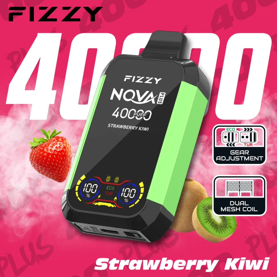 Fizzy Nova Plus 40000 Puffs Vape levererar upp till 40 000 puffs med 2% eller 5% nikotin, 40 ml e-vätska, dubbla mesh-coils, Eco/Turbo-lägen, LCD-skärm och Type-C-laddning – perfekt för kraftfull, långvarig och smakrik vaping.