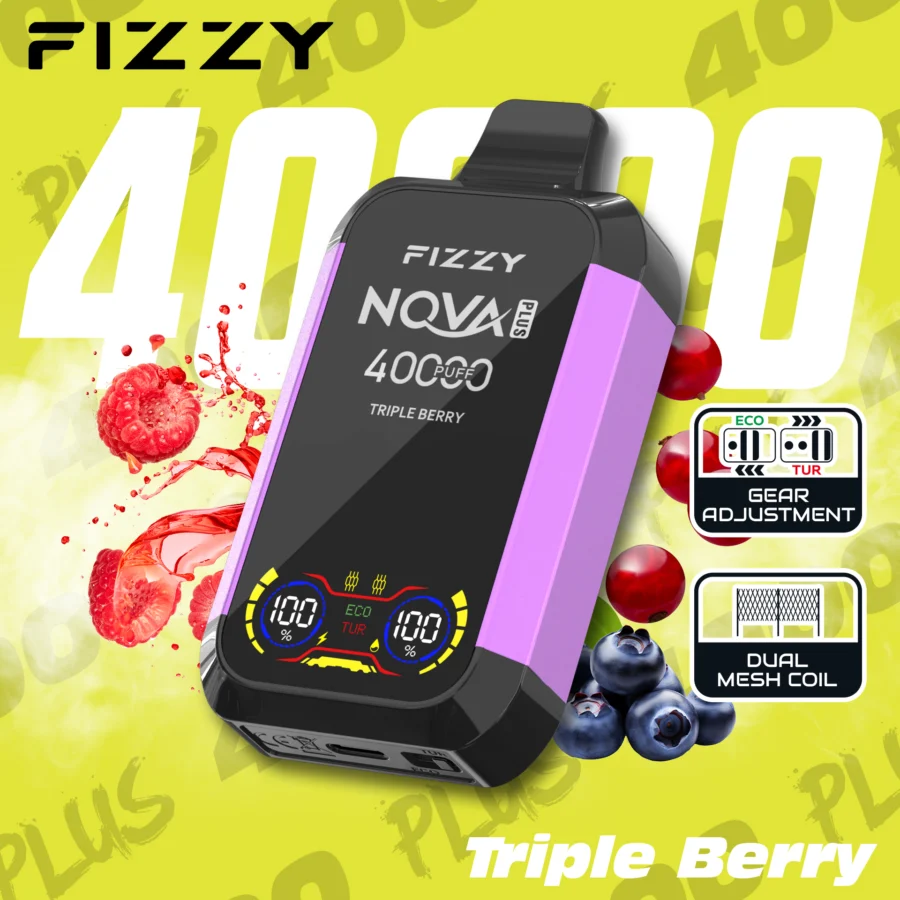 Fizzy Nova Plus 40000 Puffs Vape levererar upp till 40 000 puffs med 2% eller 5% nikotin, 40 ml e-vätska, dubbla mesh-coils, Eco/Turbo-lägen, LCD-skärm och Type-C-laddning – perfekt för kraftfull, långvarig och smakrik vaping.