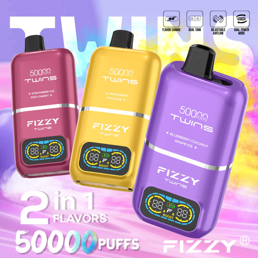 El vaporizador Fizzy Twins 50K Puffs ofrece dos sabores, 50 ml de capacidad y hasta 50 000 caladas. Con nicotina 2%/5%, resistencias de malla doble y carga tipo C, ofrece sesiones de vapeo duraderas, sabrosas y potentes.