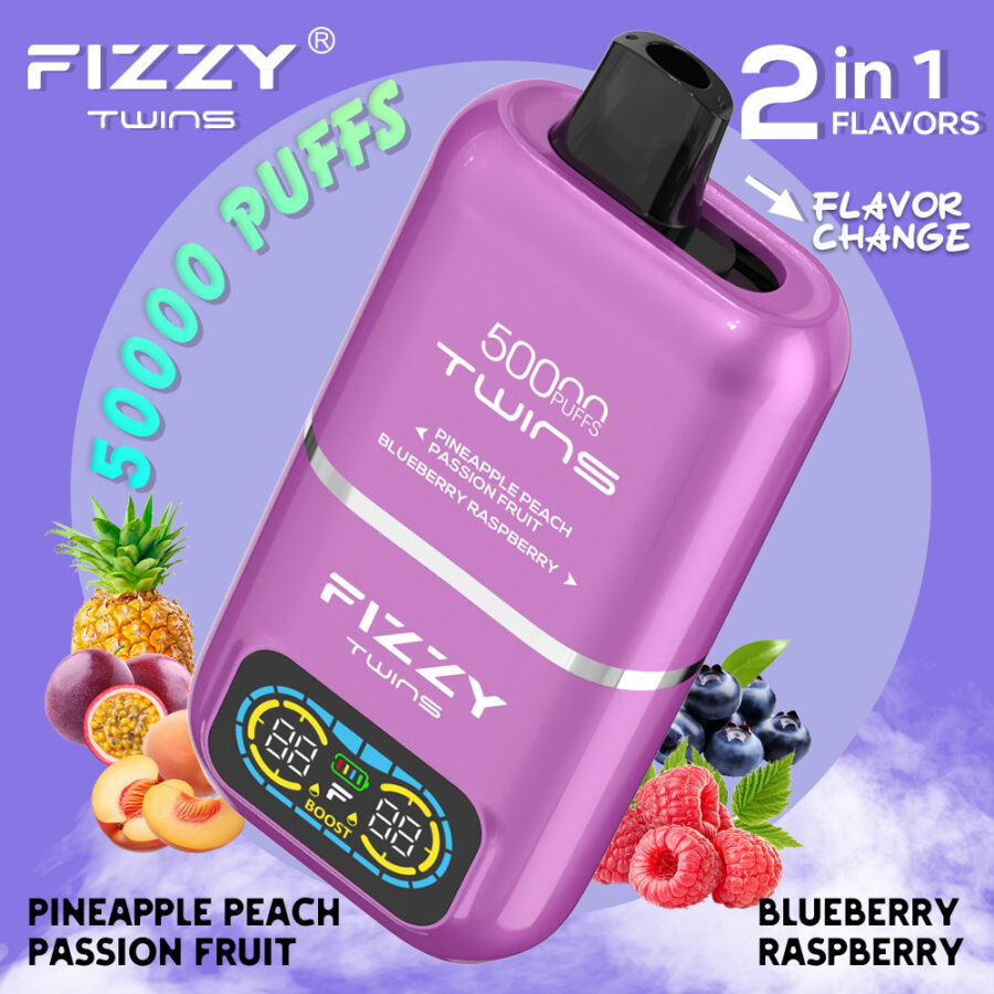 El vaporizador Fizzy Twins 50K Puffs ofrece dos sabores, 50 ml de capacidad y hasta 50 000 caladas. Con nicotina 2%/5%, resistencias de malla doble y carga tipo C, ofrece sesiones de vapeo duraderas, sabrosas y potentes.