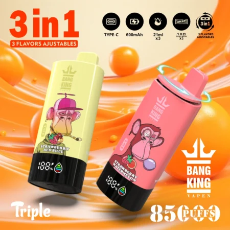The Bang King Triple 85K Puffs Vape features 3 adjustable flavors, a 63mL capacity, and a triple mesh coil. With 4 nicotine levels, LED display, and Type-C charging, it offers long-lasting, flavorful, and customizable vaping.