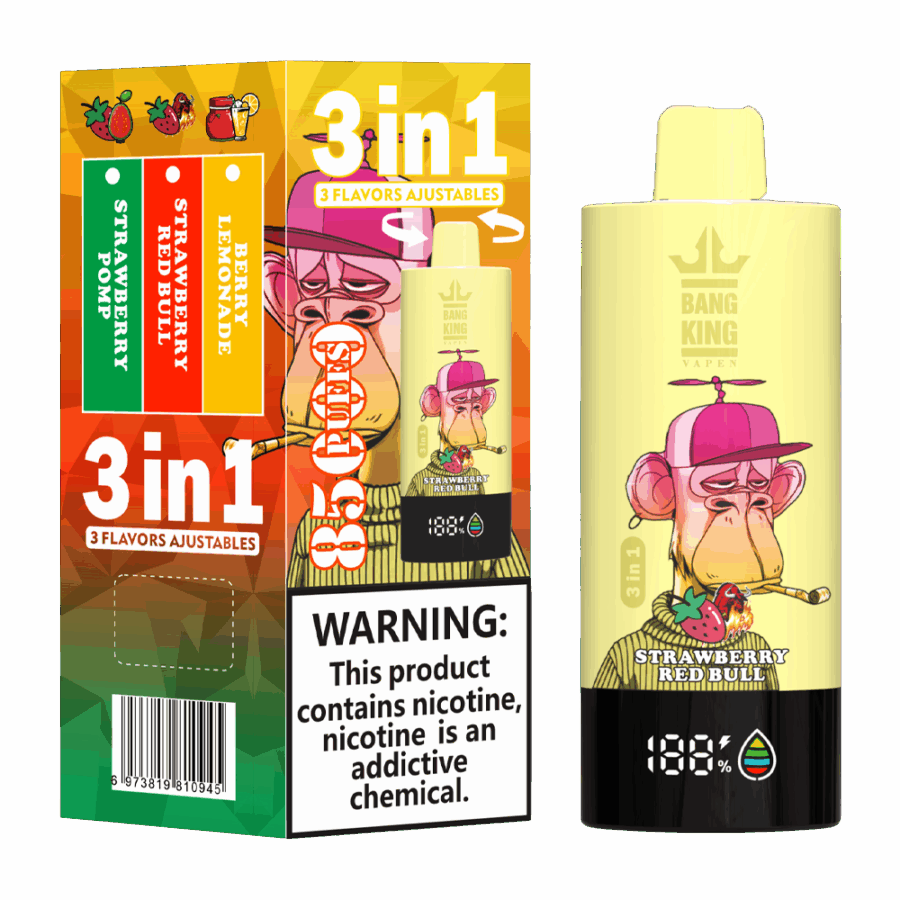 The Bang King Triple 85K Puffs Vape features 3 adjustable flavors, a 63mL capacity, and a triple mesh coil. With 4 nicotine levels, LED display, and Type-C charging, it offers long-lasting, flavorful, and customizable vaping.